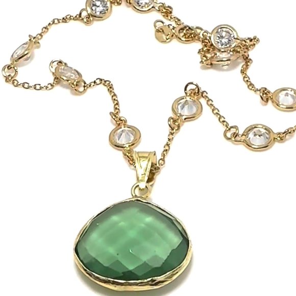2PCS-DARK GREEN CRYSTAL QUARTZ CRY PENDANT W/ CZ 1/4" CHAIN, VERMEIL (.925 BASE) - Picture 1 of 3